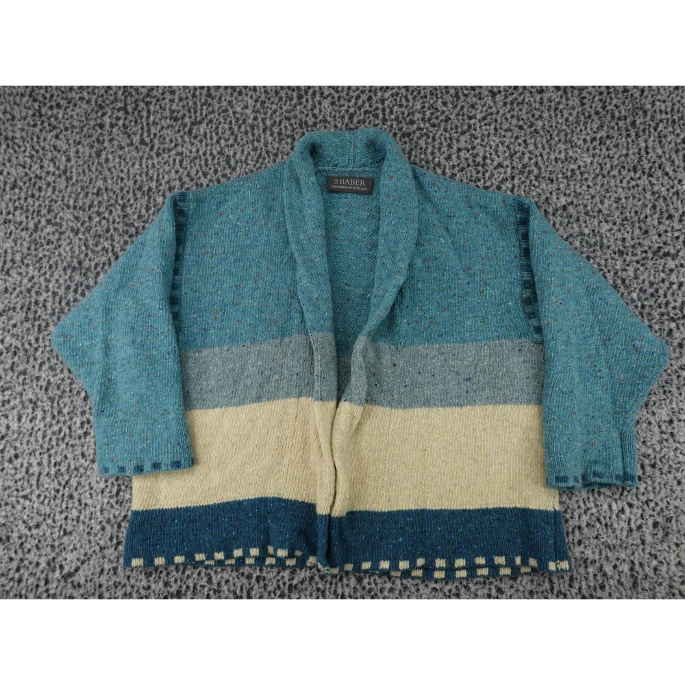 Bill Baber Cardigan Women One Size Teal Blue Striped Good Hand-Knit Scotland